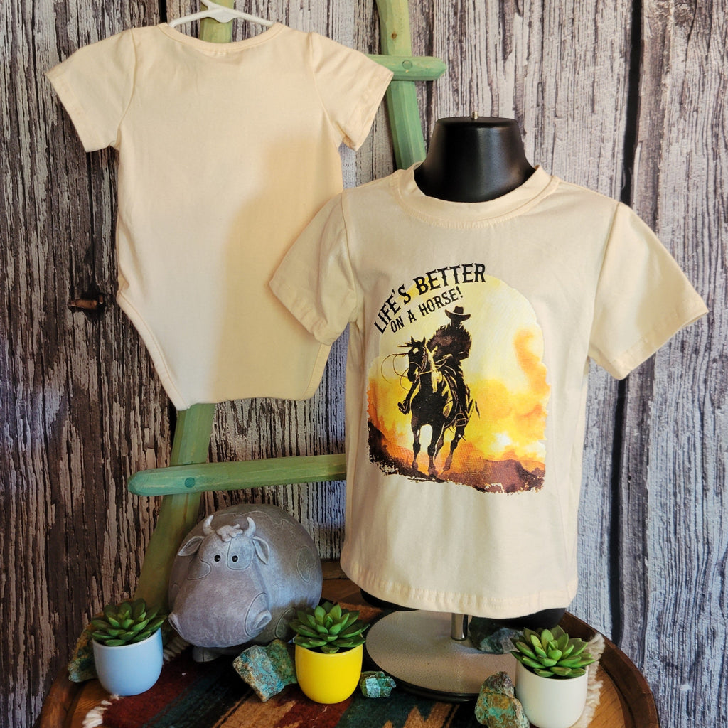 Back of onesie and front of kids' shirt.