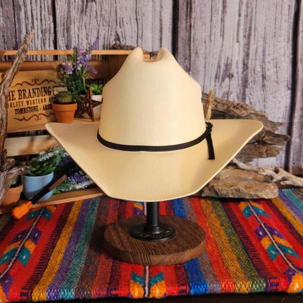 Straw hat with black hat band.