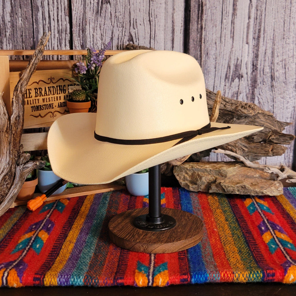 Straw hat with black hat band.