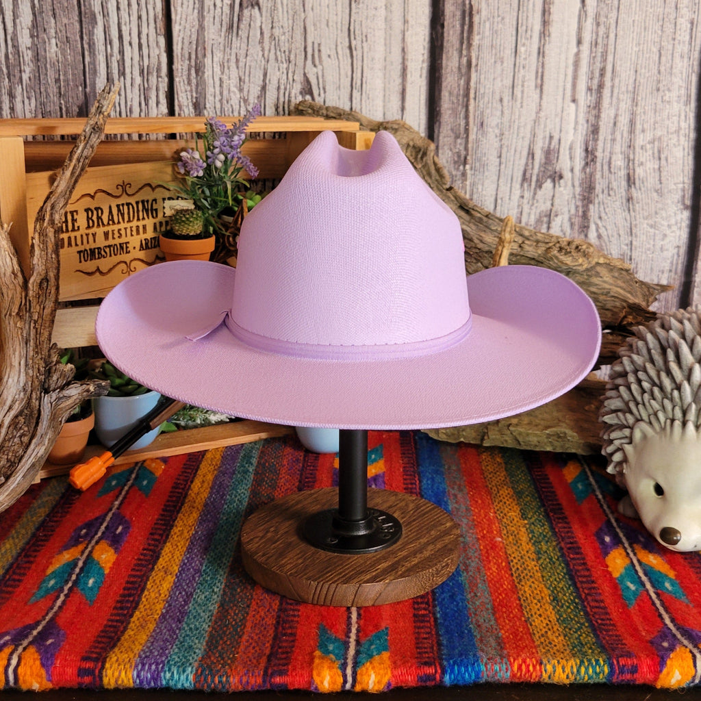 Purple straw hat with purple hat band.