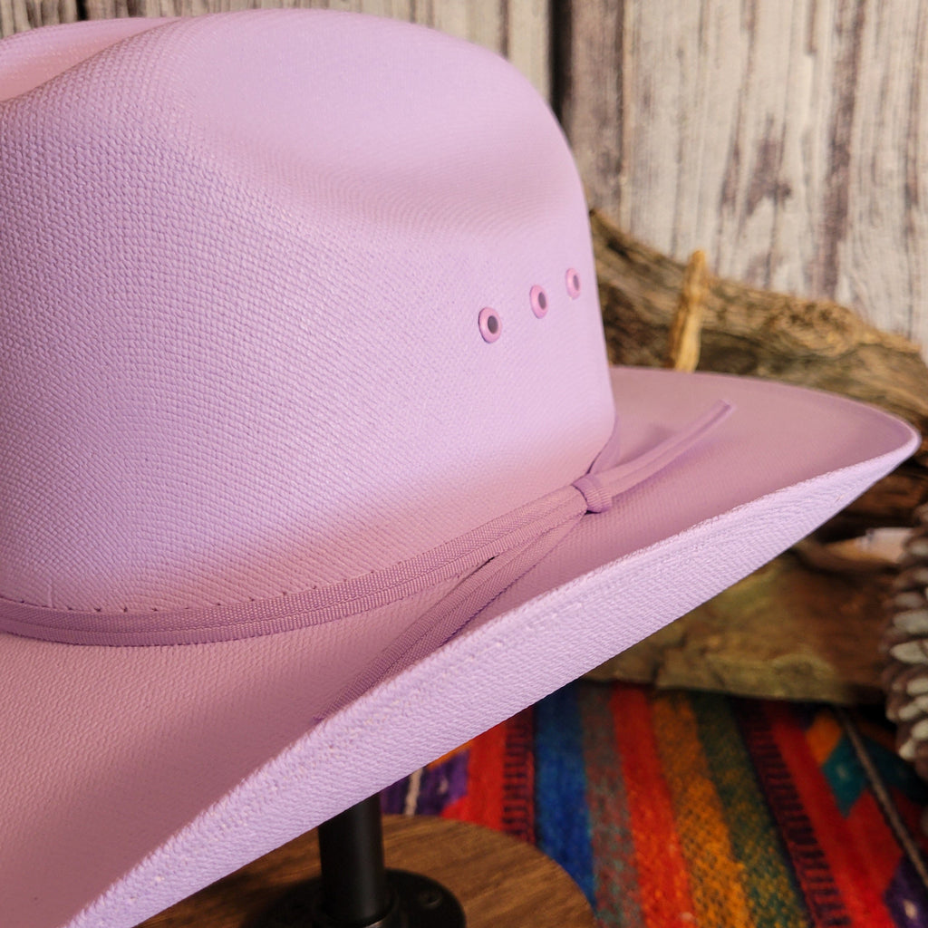 Thin, purple hat band tied in a knot at the side.