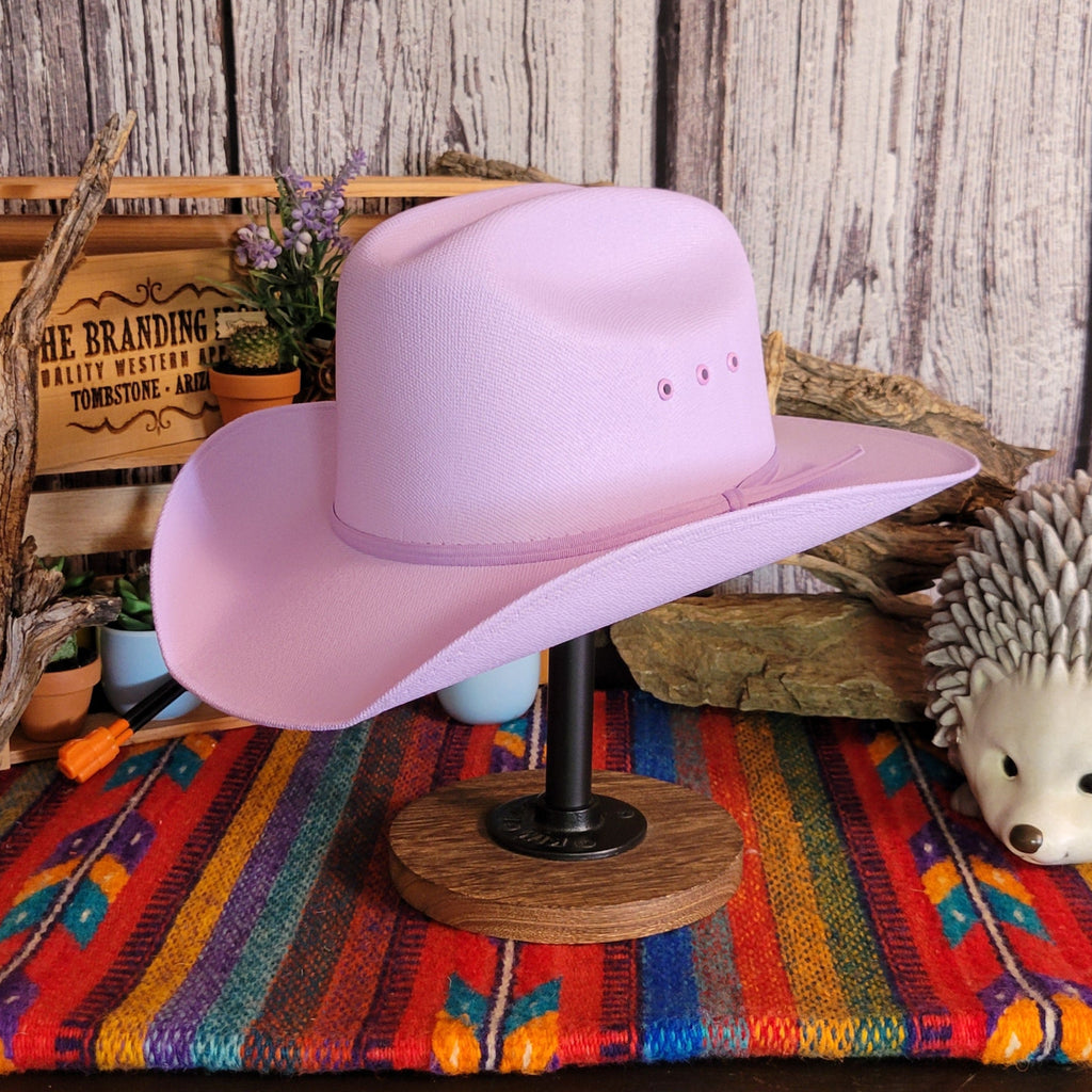 Purple straw hat with purple hat band.