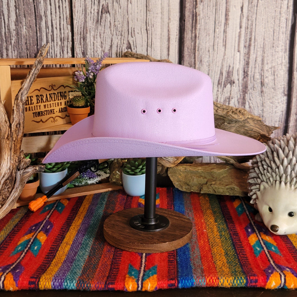 Purple straw hat with purple hat band.