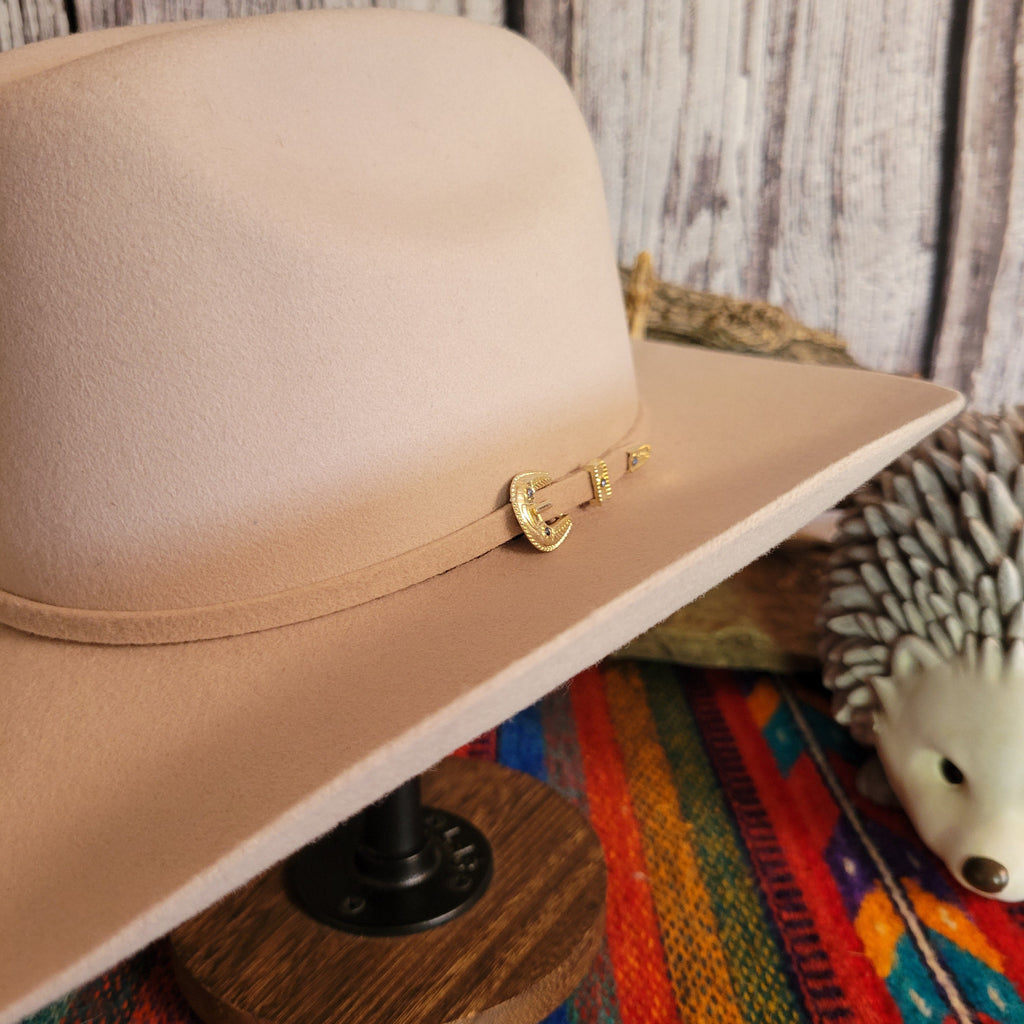 A close-up of the mini gold buckle on the hat band.