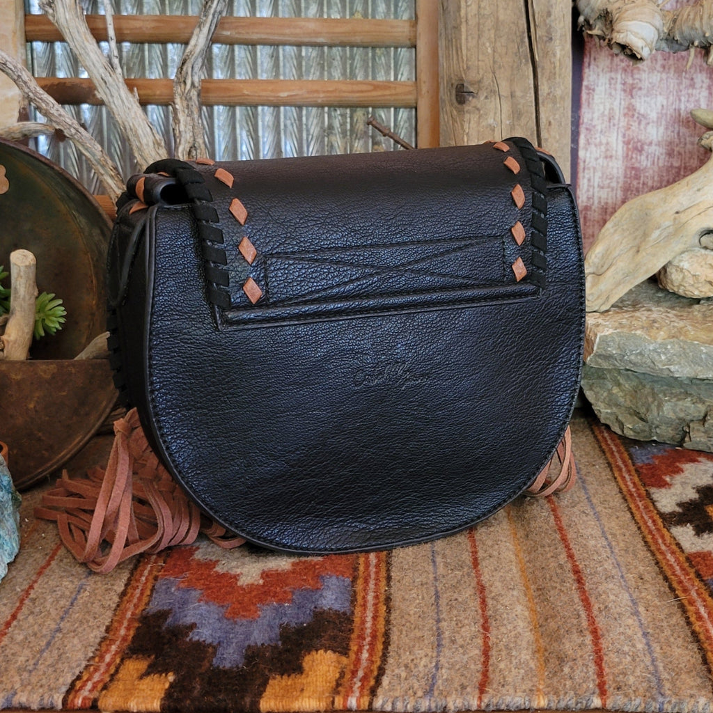 Ladies Black Genuine Leather Saddle Bag With Tan Fringe by Catchfly  2421360143 Back View