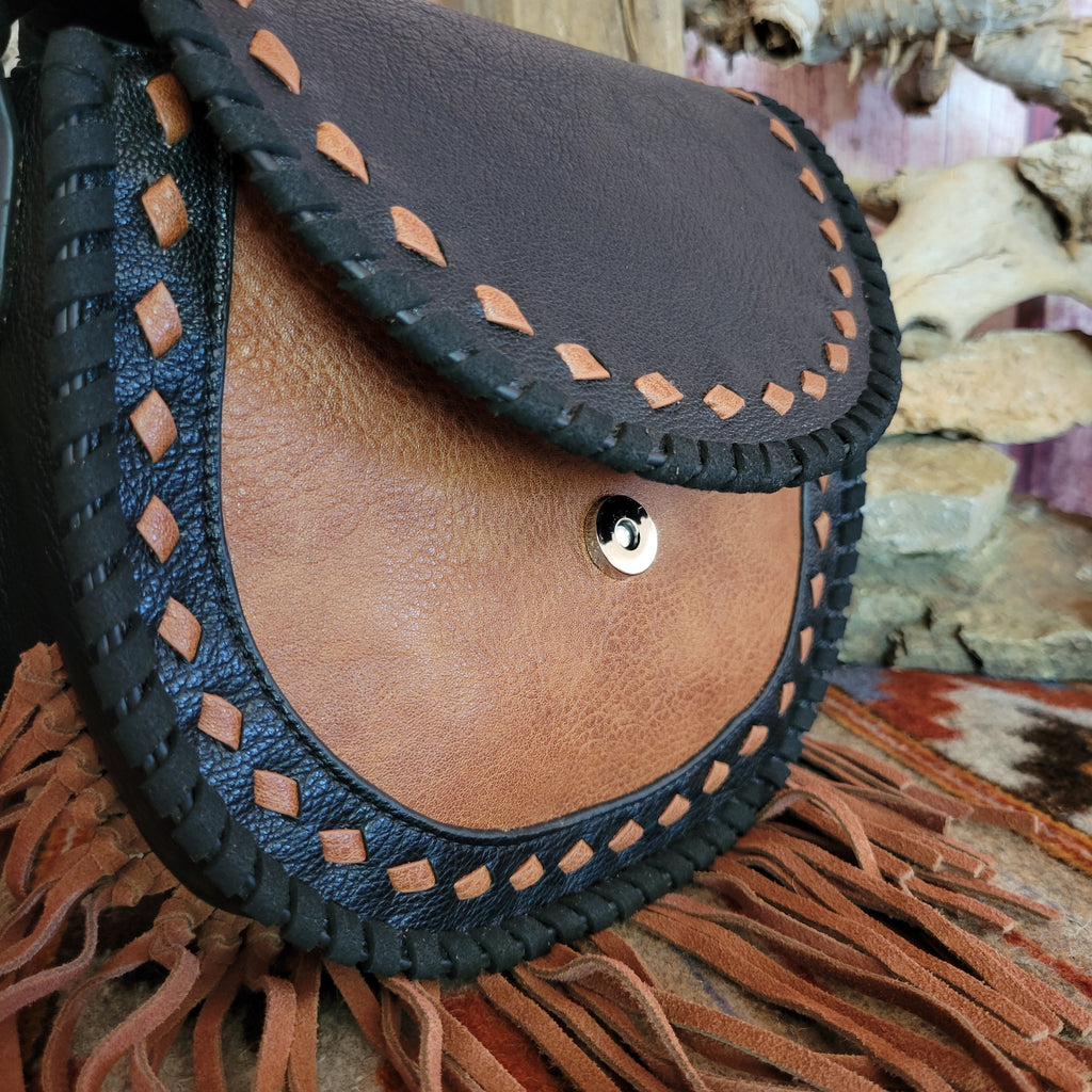 Ladies Black Genuine Leather Saddle Bag With Tan Fringe by Catchfly  2421360143 Detailed View