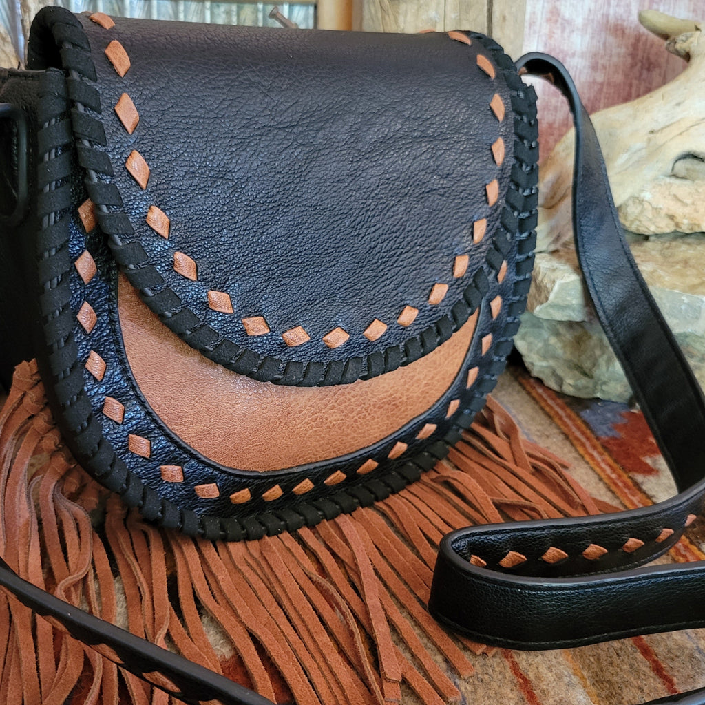 Ladies Black Genuine Leather Saddle Bag With Tan Fringe by Catchfly  2421360143 Detailed View w/ Strap