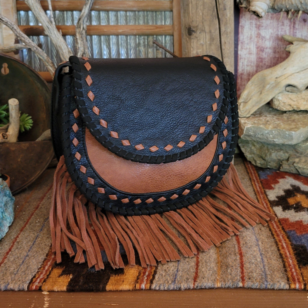 Ladies Black Genuine Leather Saddle Bag With Tan Fringe by Catchfly  2421360143 Front View