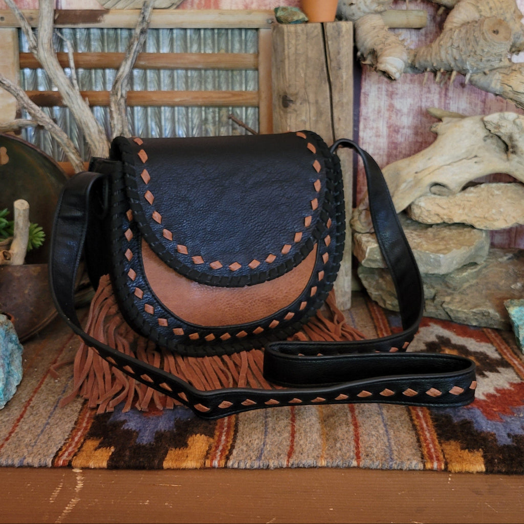 Ladies Black Genuine Leather Saddle Bag With Tan Fringe by Catchfly  2421360143 Front View w/ Strap