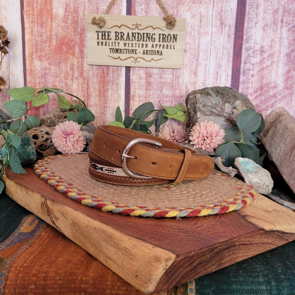 Leather Belt "Lace Edge Rib" by Tony Lama  5A103/5A109 Front View Tan