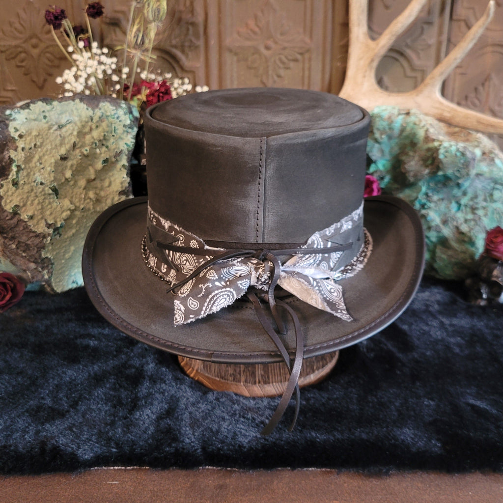 Back view showcases the bandana band and leather ties knotted on the back of the hat.