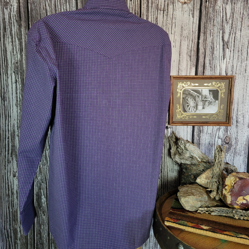 Plaid purple shirt with snap buttons and long sleeves.