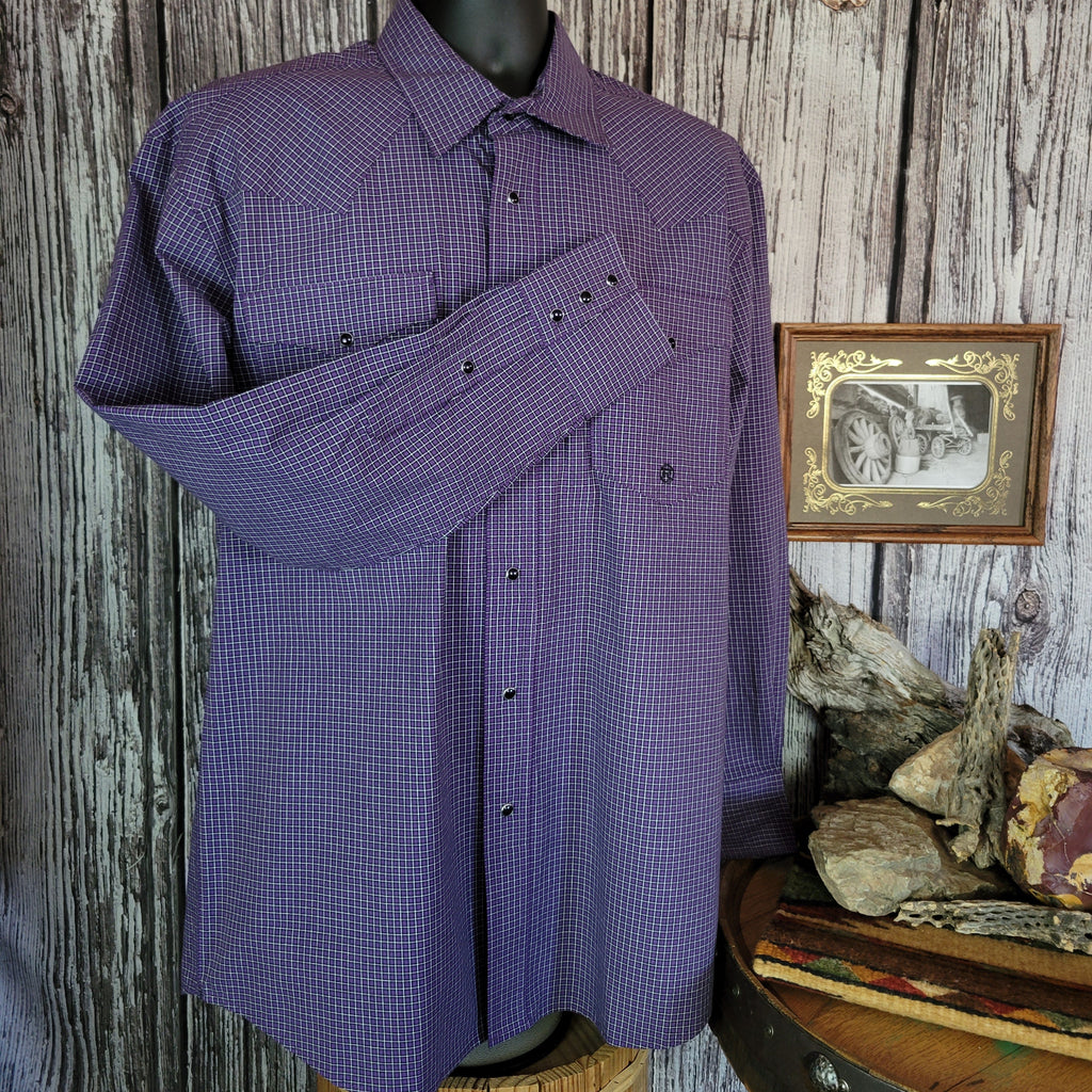 Plaid purple shirt with snap buttons and long sleeves.