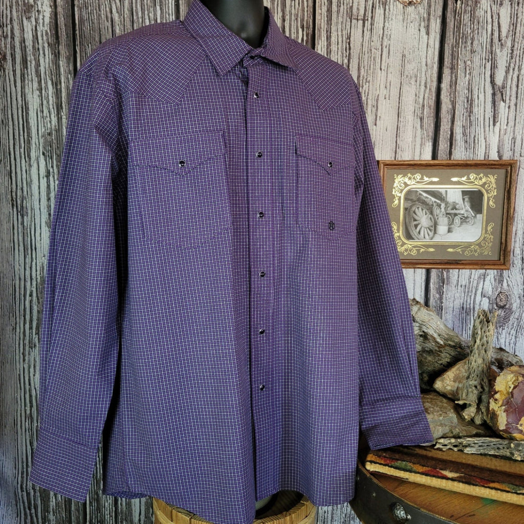 Plaid purple shirt with snap buttons and long sleeves.