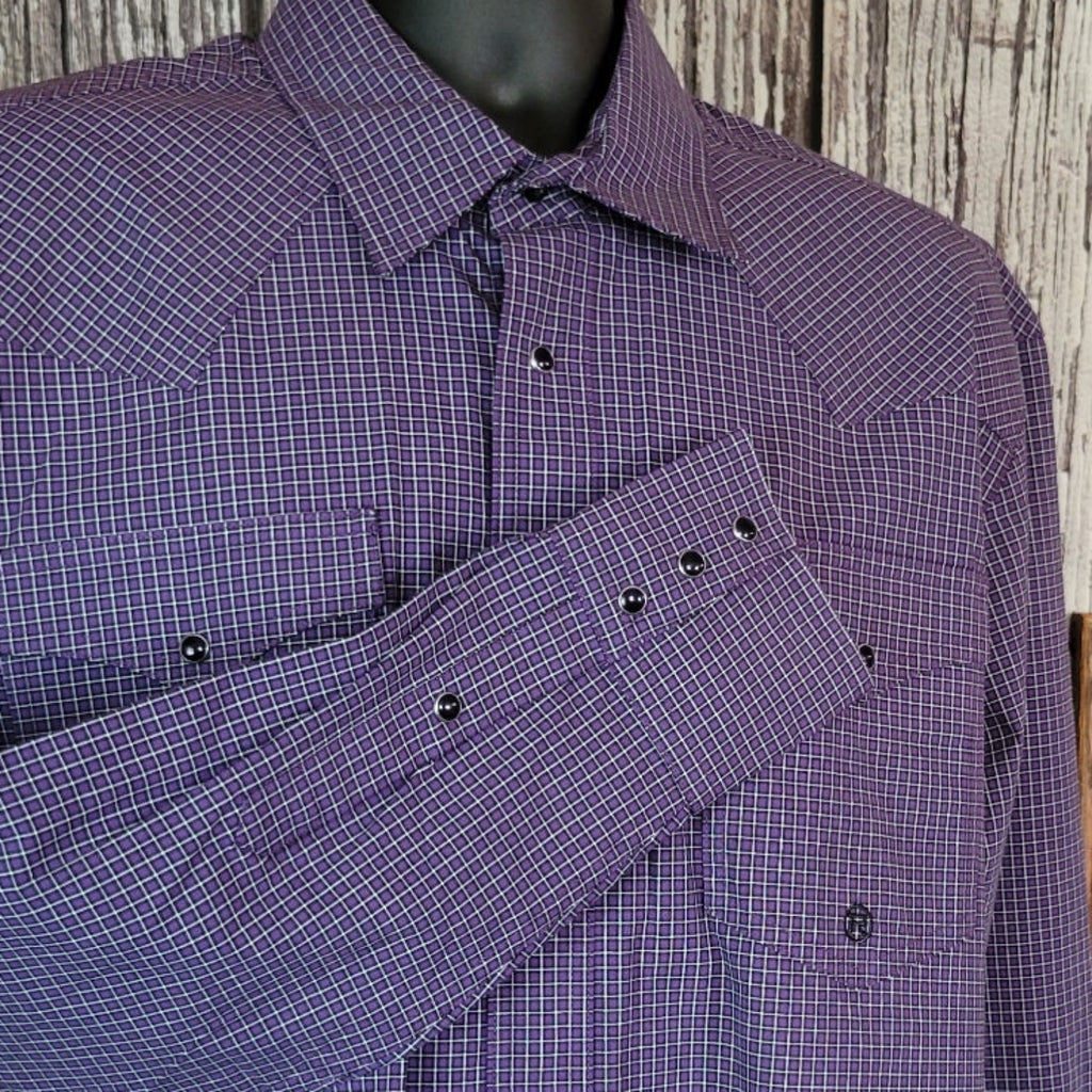 Plaid purple shirt with snap buttons and long sleeves.