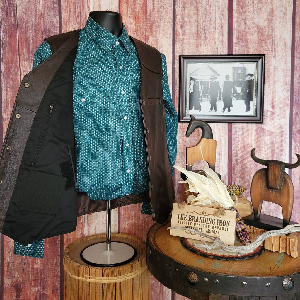 Men’s Conceal Carry Vest the “Drover”  by Wyoming Traders VDB Open View Brown