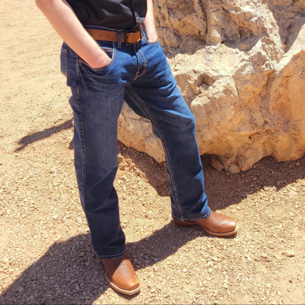Men's Denim Lowcut Bootcut Jeans by Justin JT-J91552 Front View w/ Model