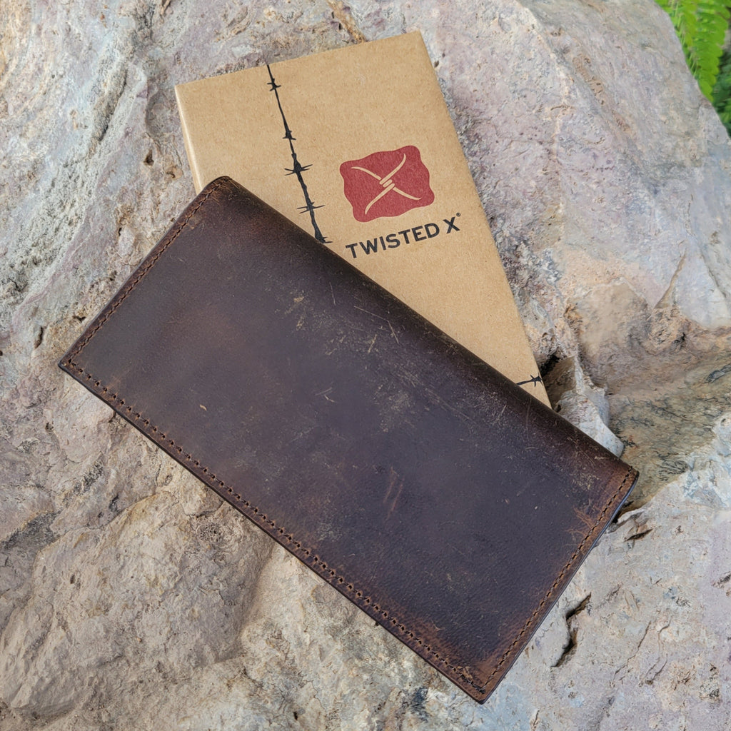 Distressed brown leather bomber rodeo wallet.