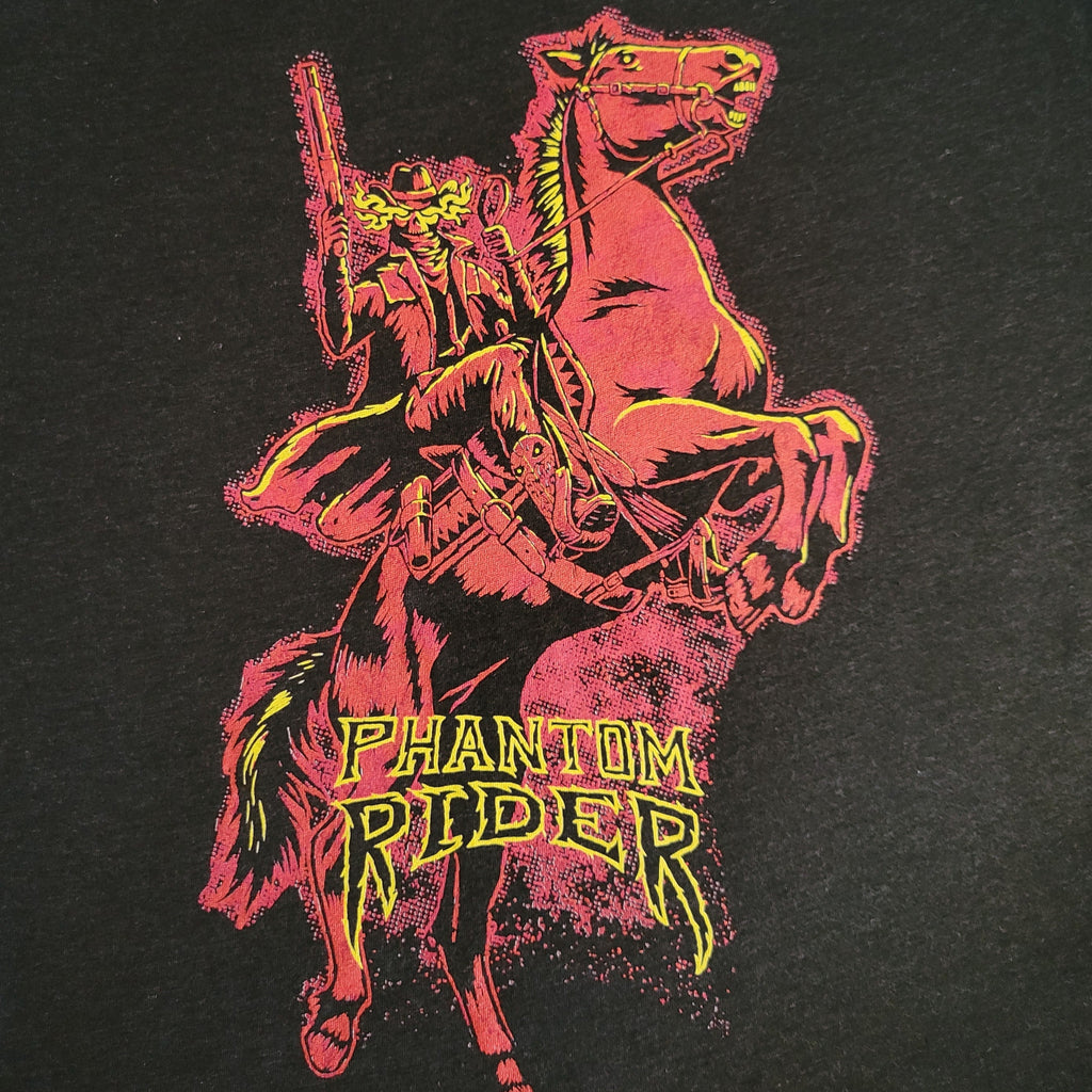 Neon graphic haunted horseman design close-up.