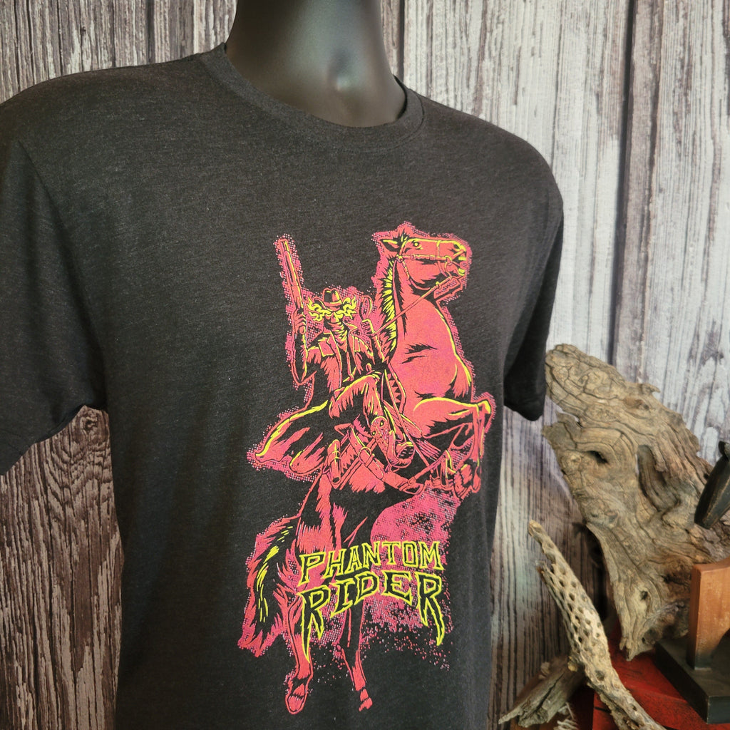Black t-shirt with bright graphic haunted horseman design.