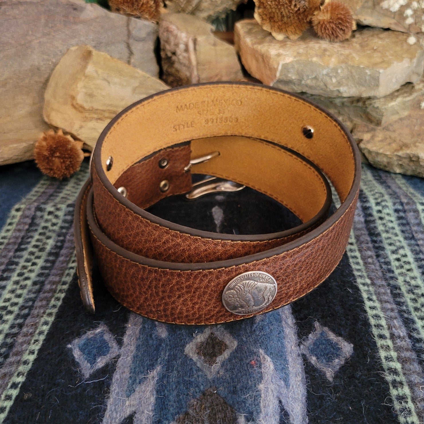 American Bison Genuine Leather, Hair Concho,silvertone removable buckle Western Bison Leather Concho Belt | Stetson main image 3