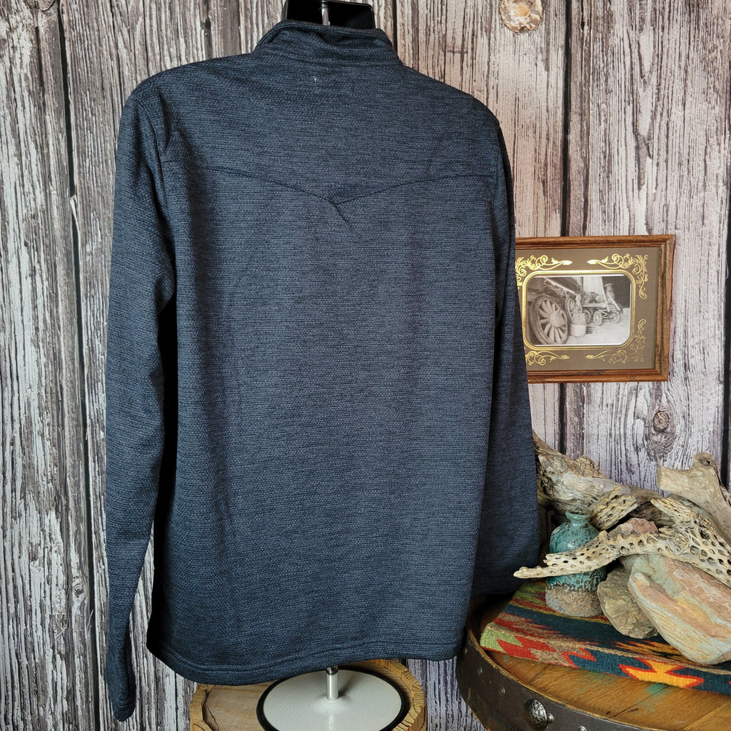 Dark blue sweater with half-button-up design and long sleeves.
