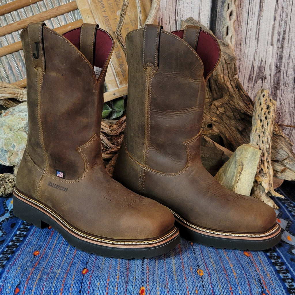 Brown leather boot with weathered finish.