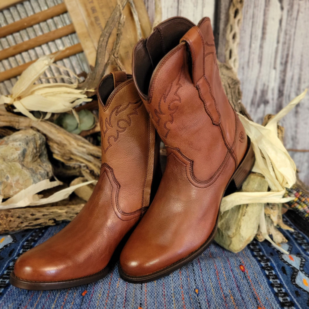 Brown leather boots with zipper shaft and polished appearance.