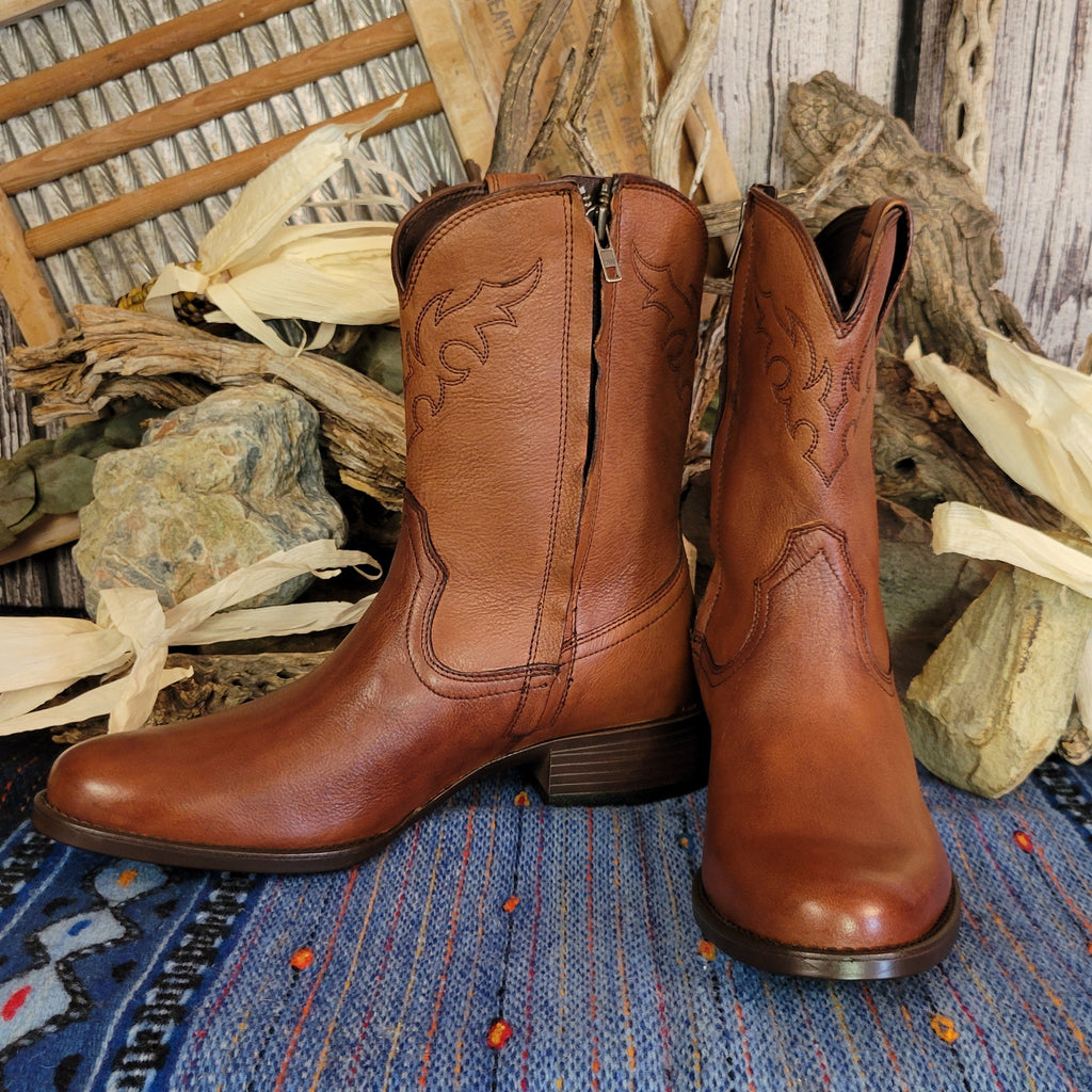 Brown leather boots with zipper shaft and polished appearance.