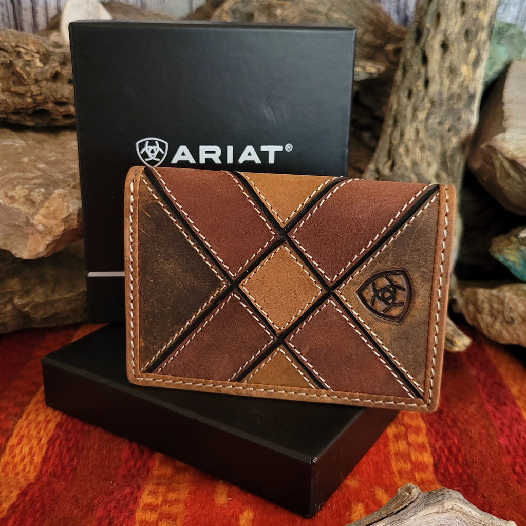 Multi-toned brown leather wallet with a patchwork diamond pattern and Ariat emblem.