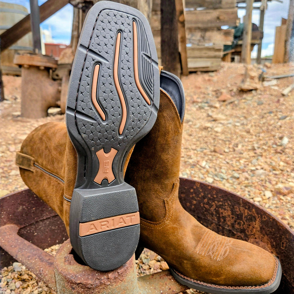 Close-up of the rubber outsole on the boot.
