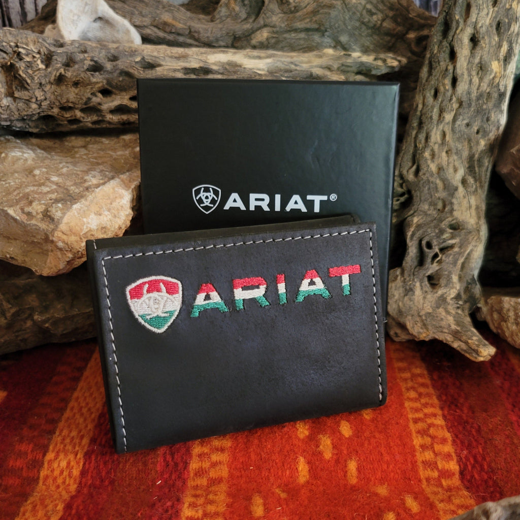 Black leather trifold wallet featuring a colorful Ariat emblem with red, green, and white.