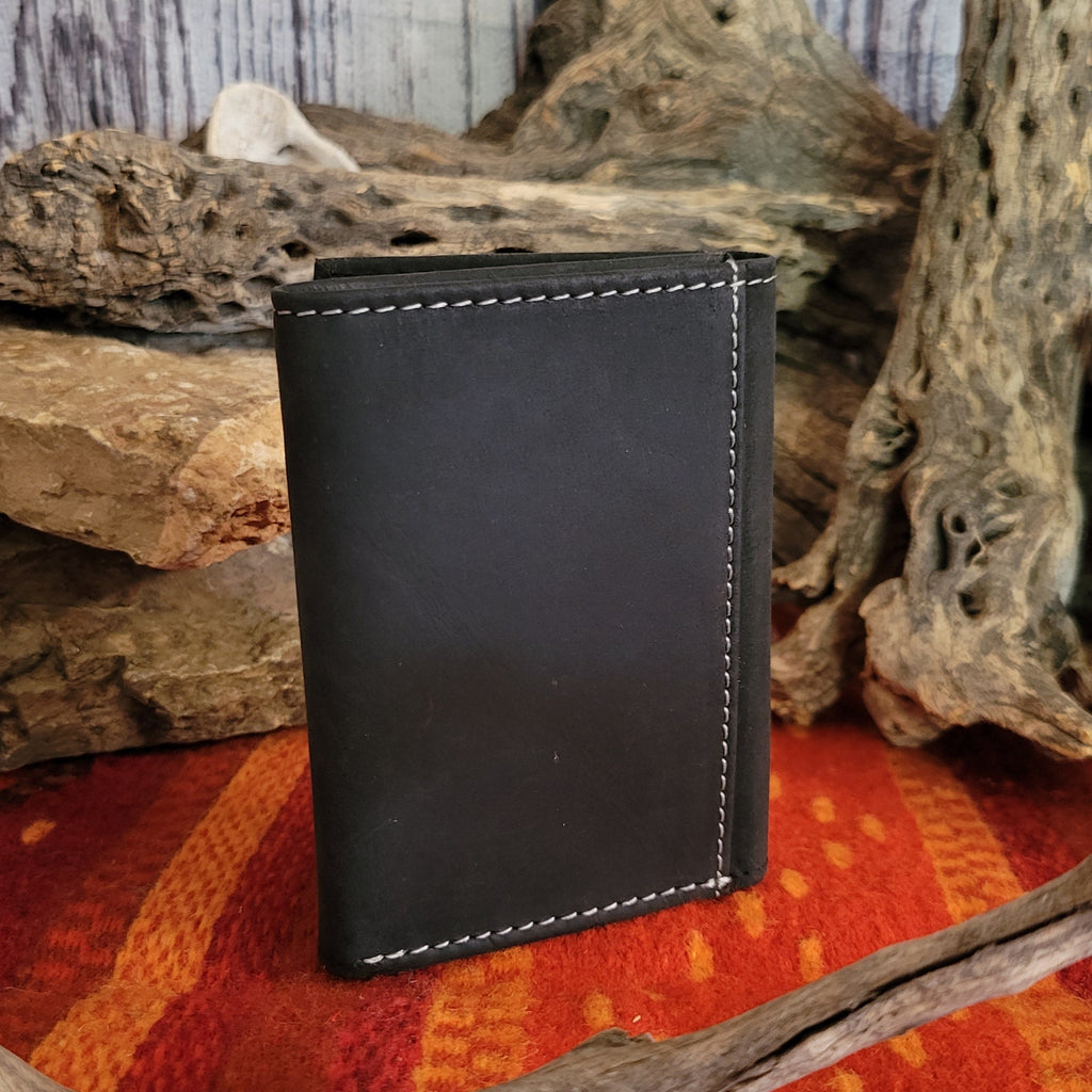 Black leather trifold wallet with smooth backing.
