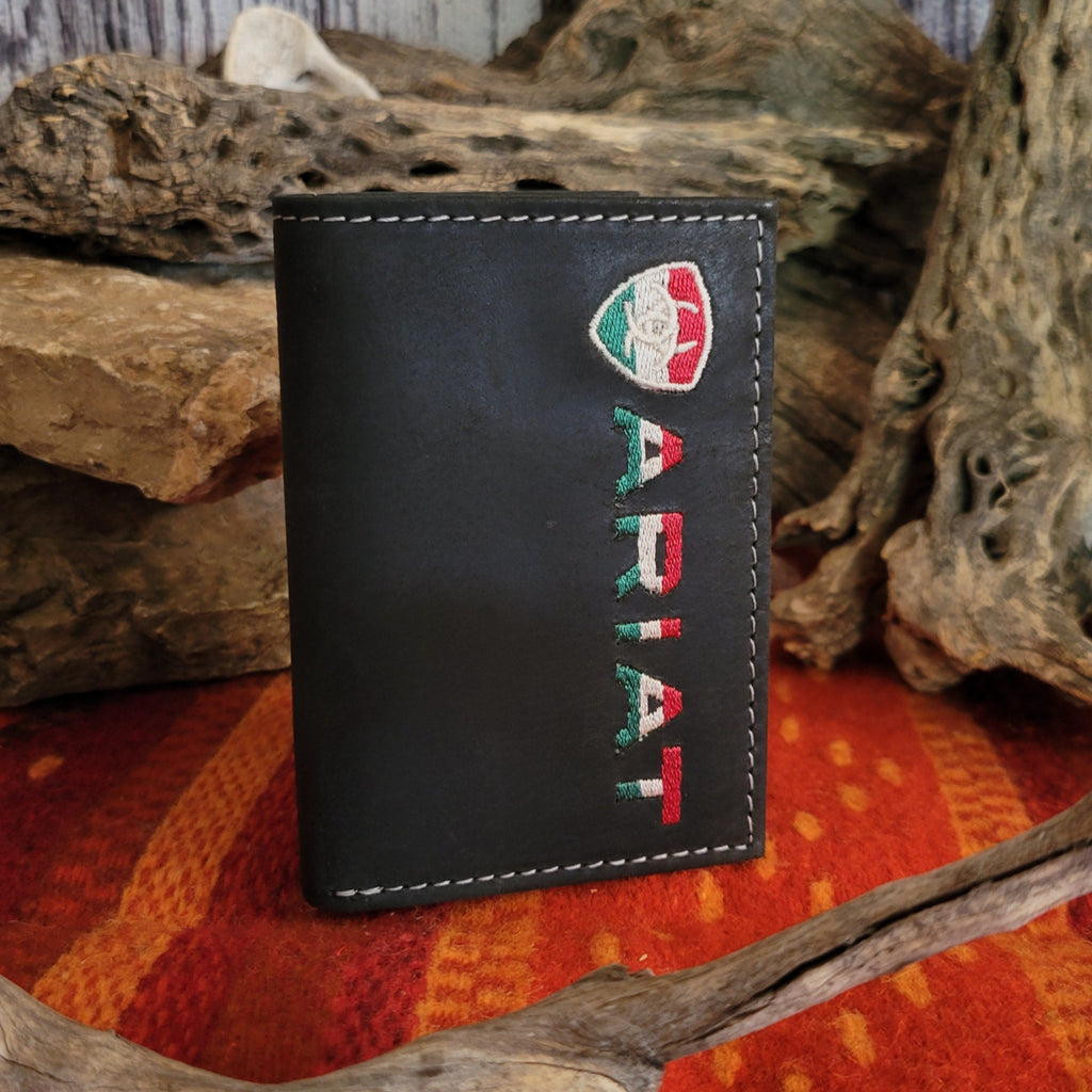 Black leather trifold wallet featuring a colorful Ariat emblem with red, green, and white.