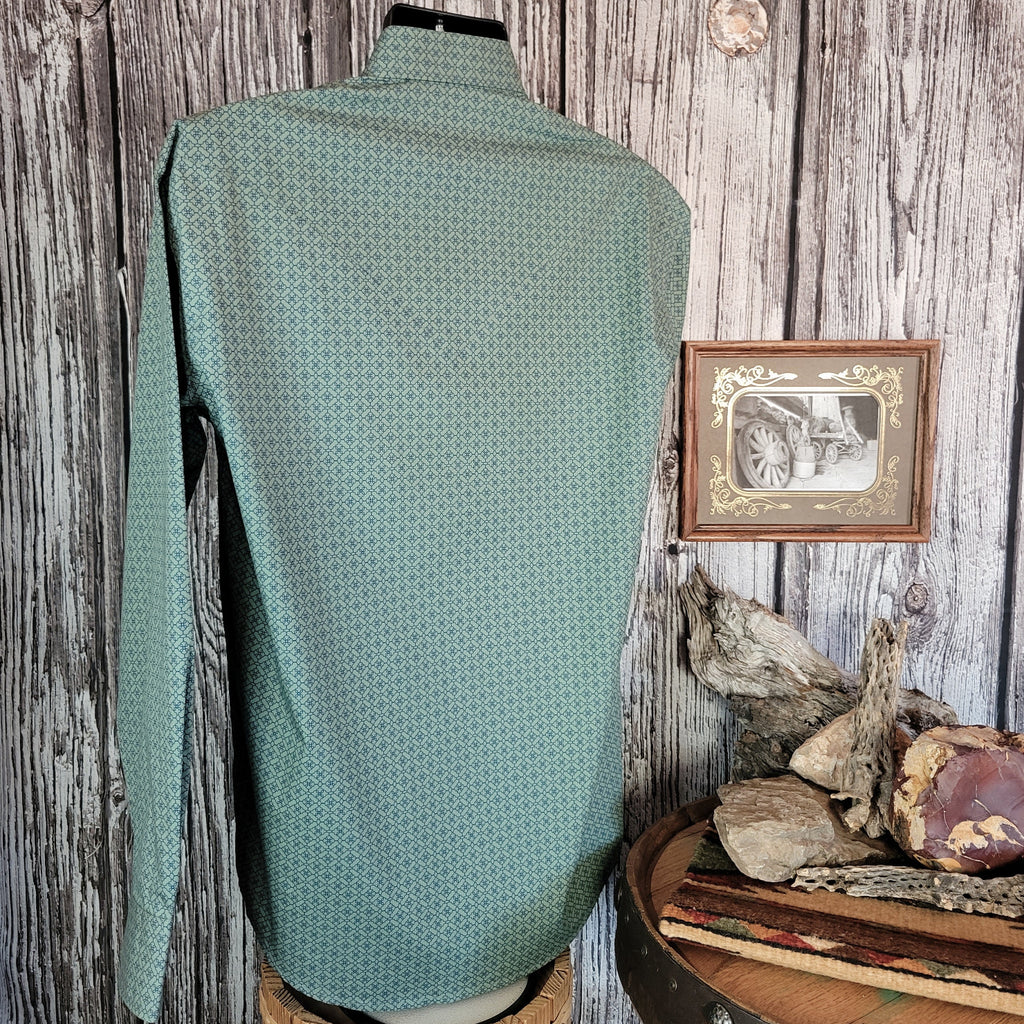 Moss colored shirt with small intricate patterns and pearl snap buttons.