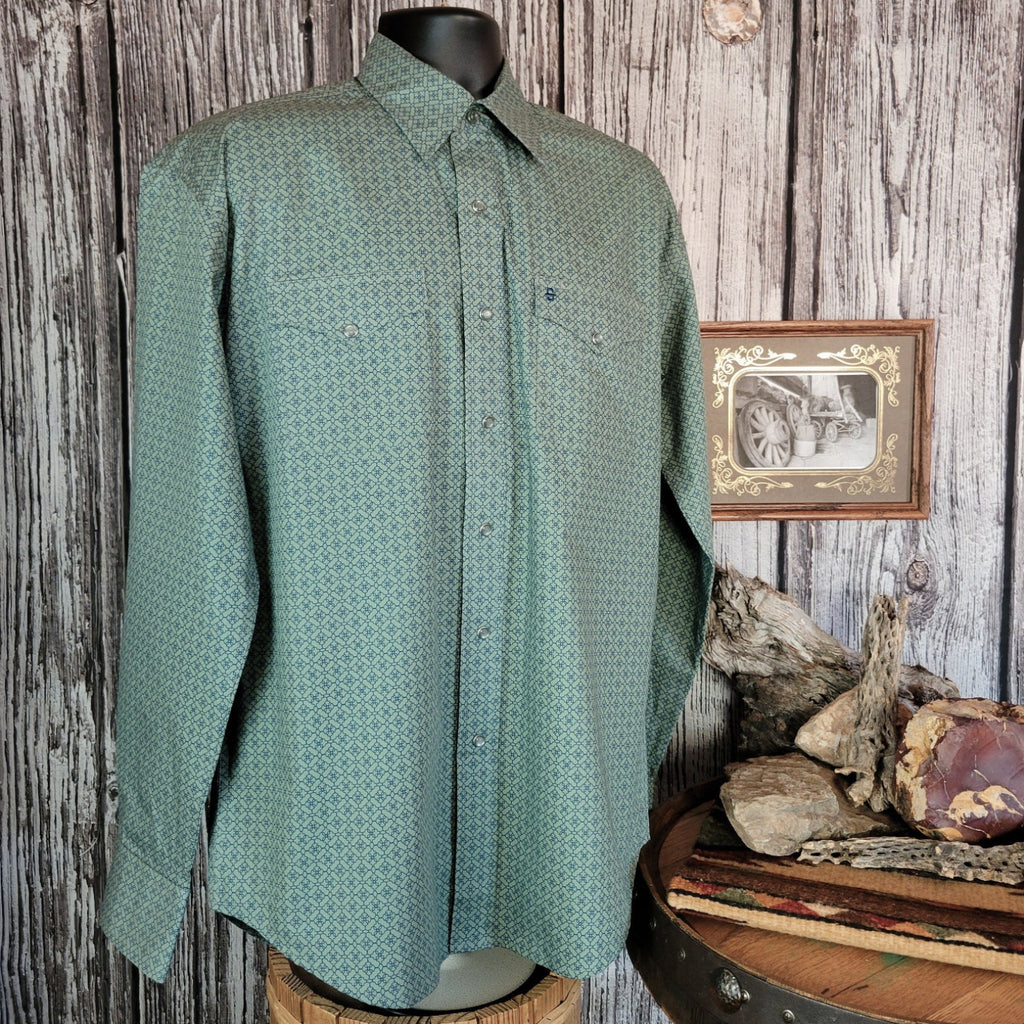 Moss colored shirt with small intricate patterns and pearl snap buttons.