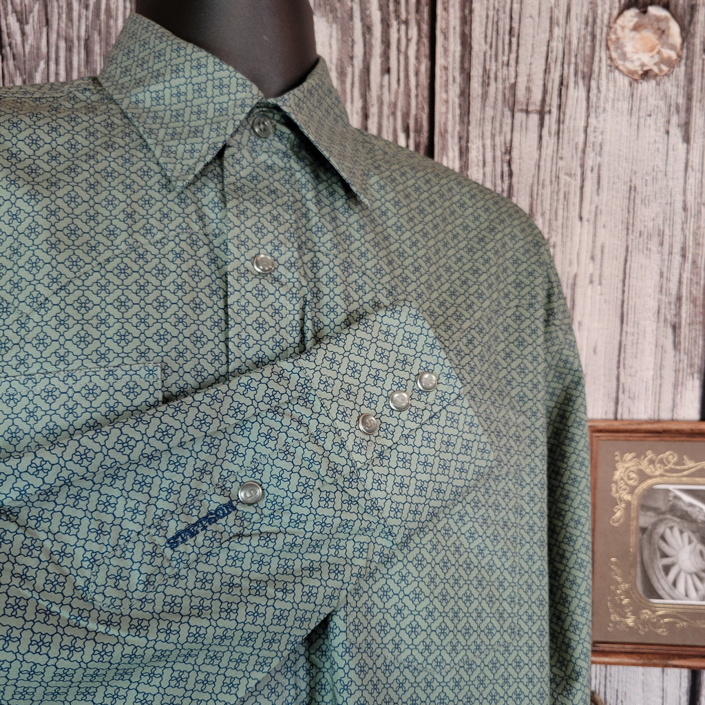 Moss colored shirt with small intricate patterns and pearl snap buttons.
