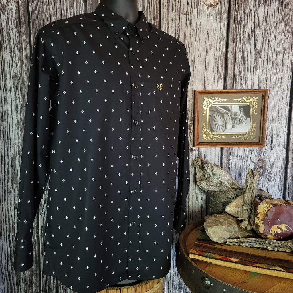 Black button down shirt with Ariat logo and white spade pattern.