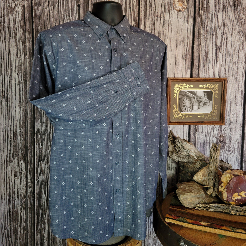 Denim long sleeve shirt with white diamond patterns and buttons.