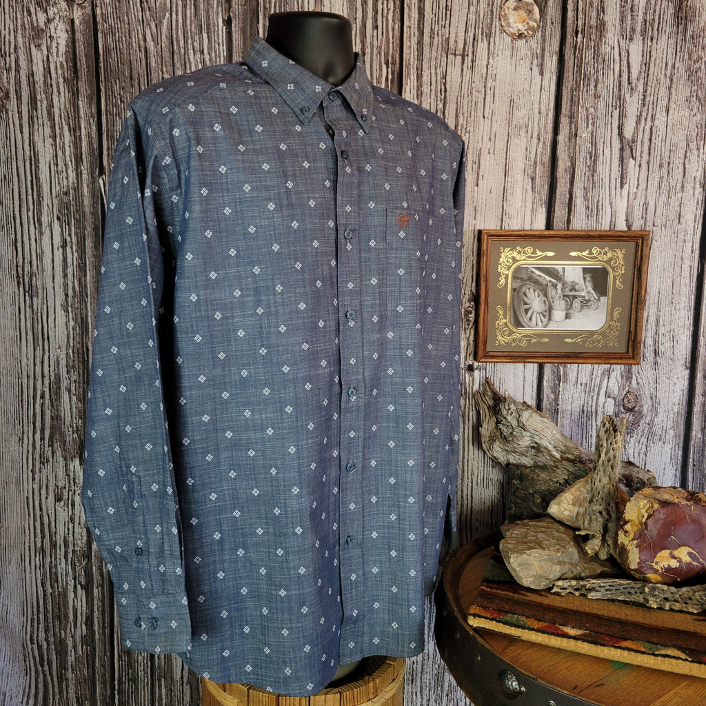 Denim long sleeve shirt with white diamond patterns and buttons.