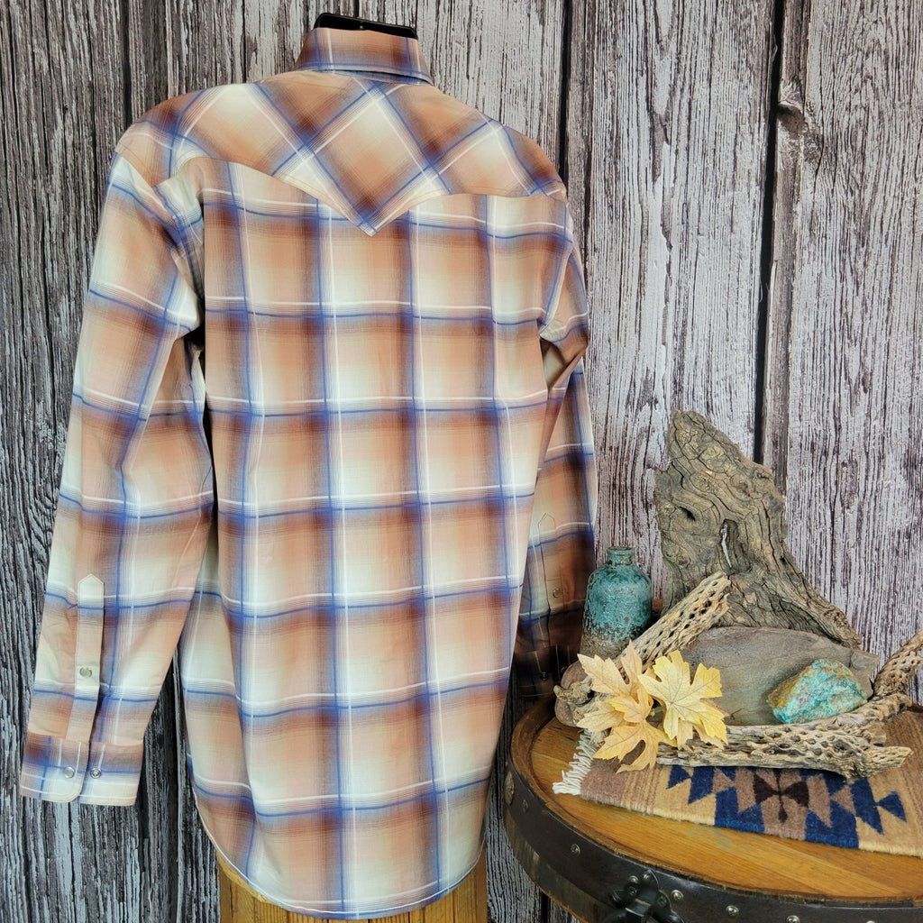 Back features plaid pattern and tan stitching.