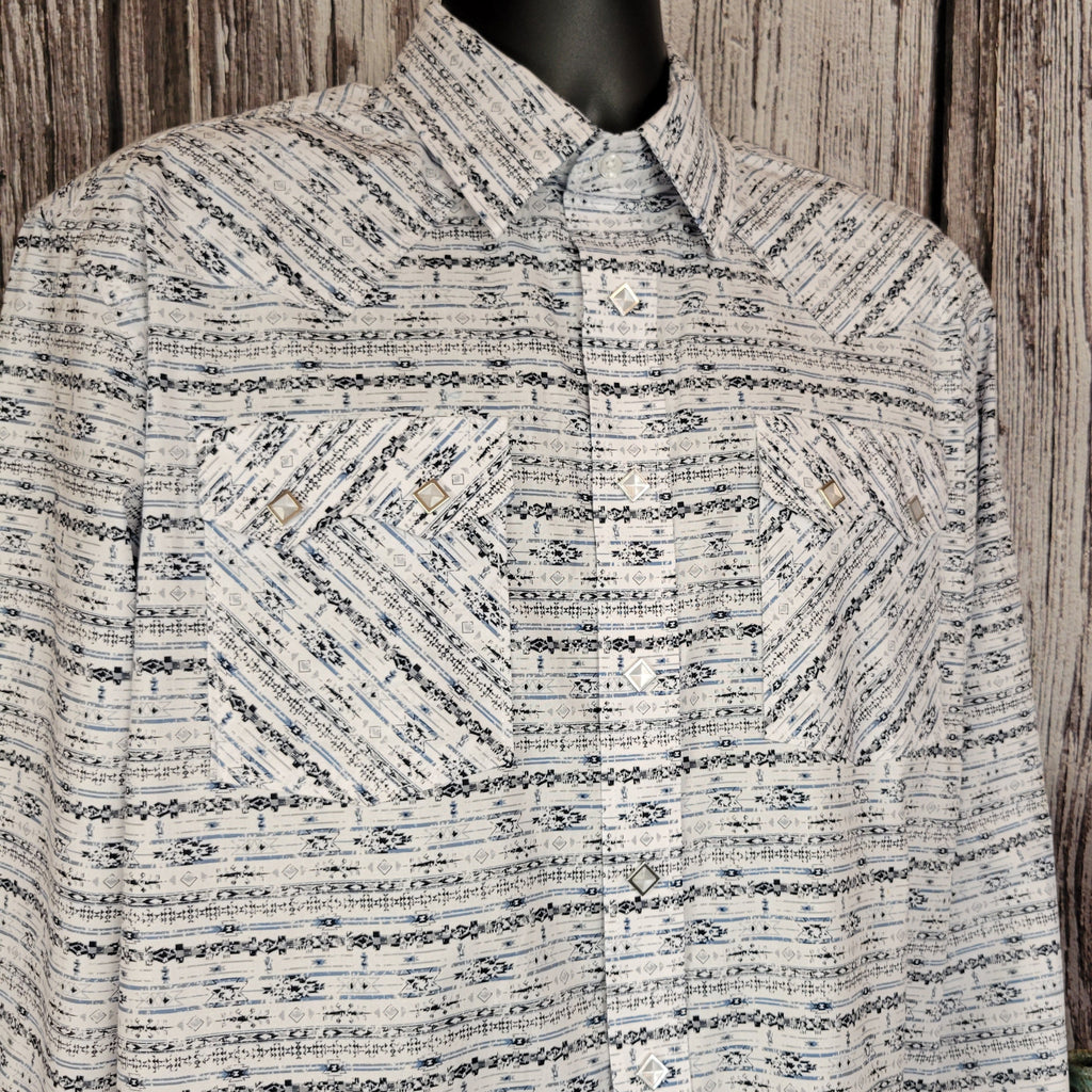 Patterned white snap button shirt with black and blue accents.