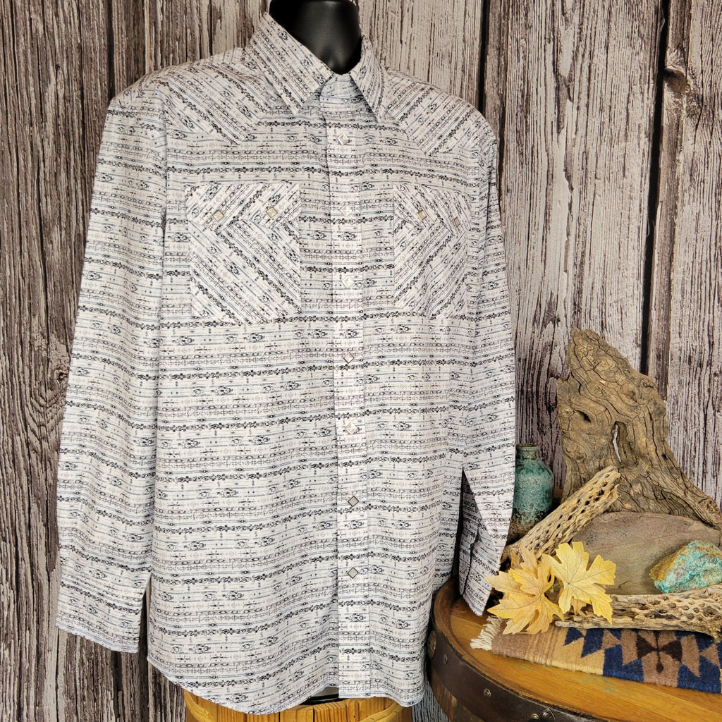 Patterned white snap button shirt with black and blue accents.