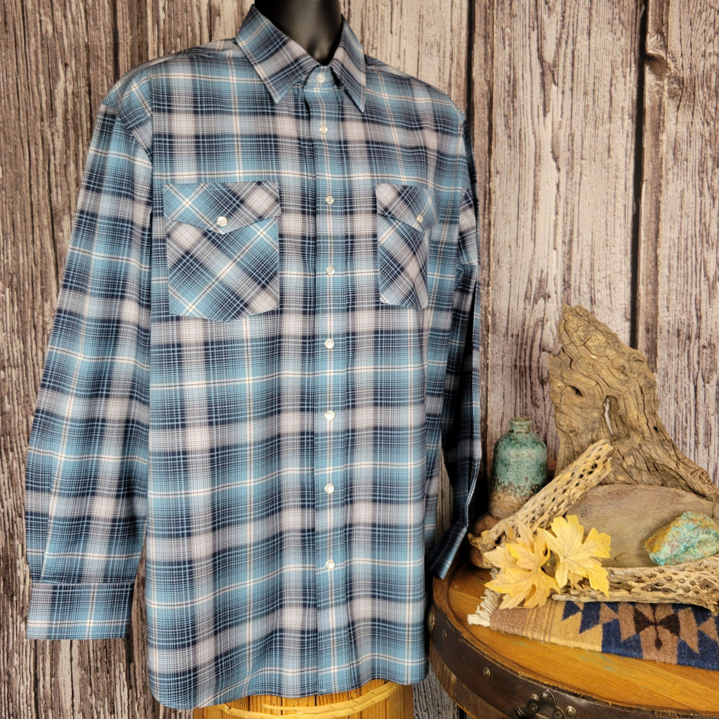 Blue and white plaid button down shirt with two chest pockets.