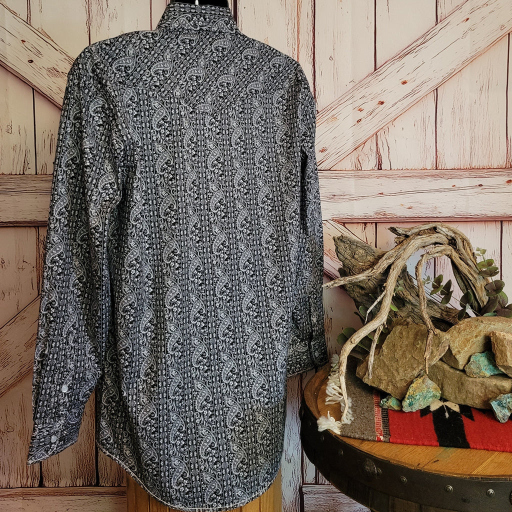 Black paisley button down shirt with continued pattern on the back.