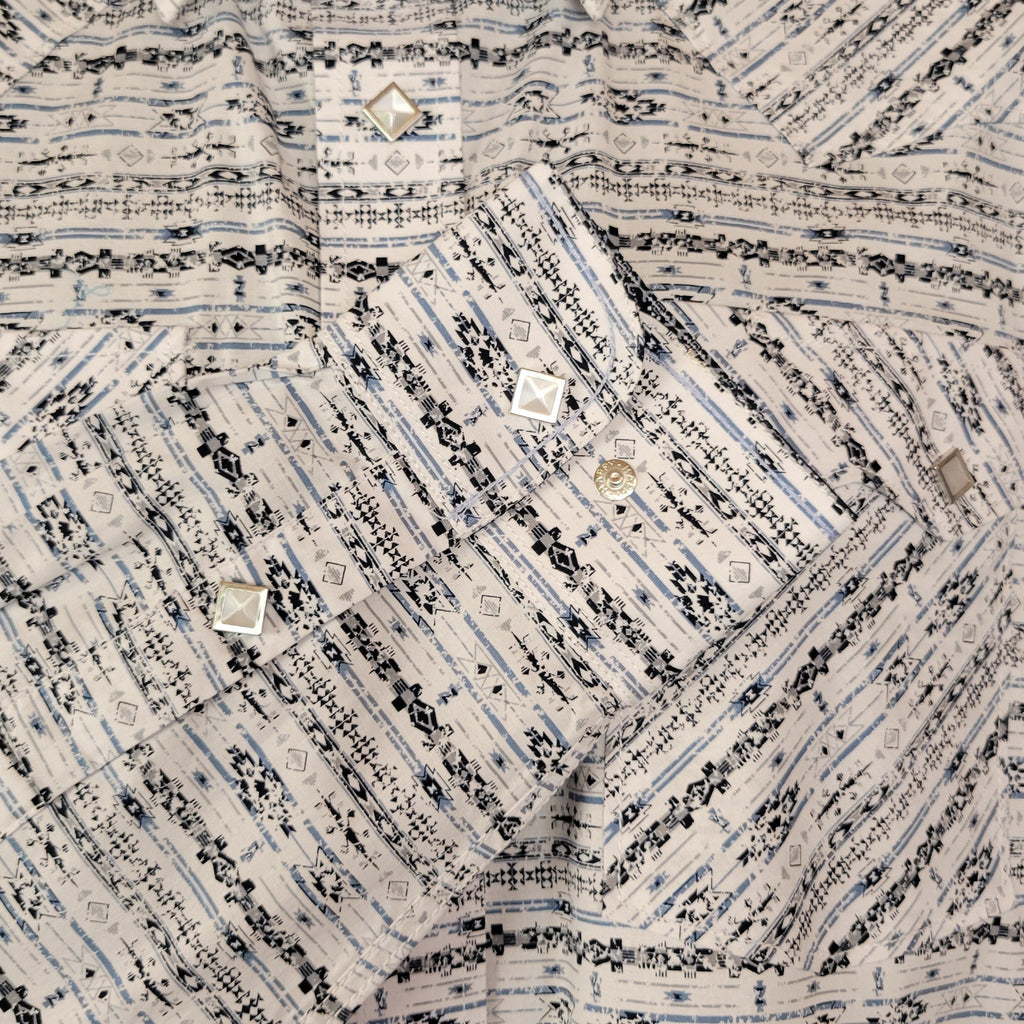 Sleeve features patterned white snap button shirt with black and blue accents.