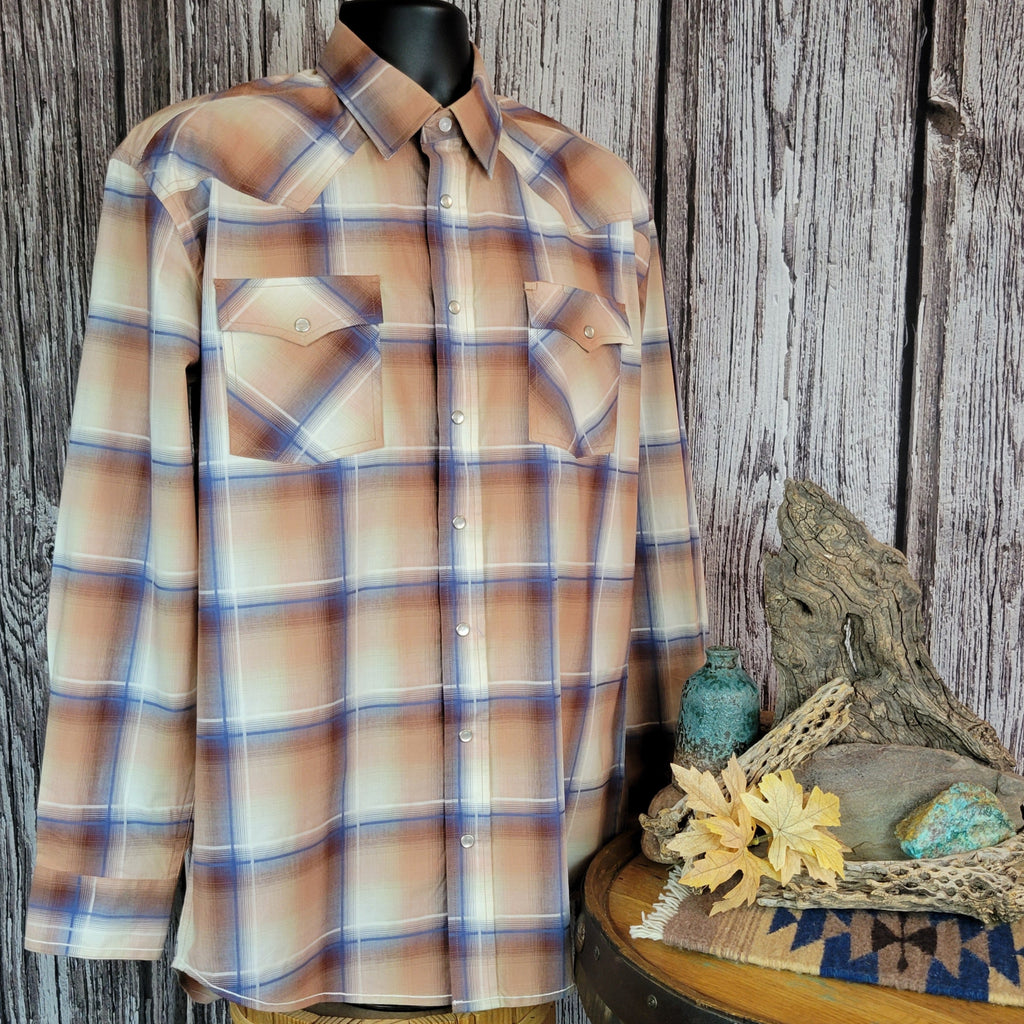 Plaid front with two chest pockets and snap buttons.