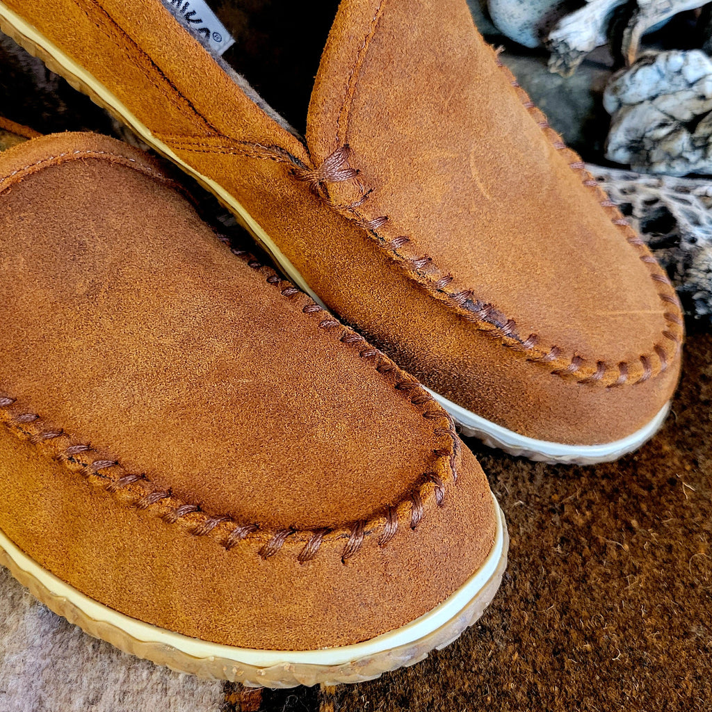 Close-up of the stitching on the moccasin slippers.