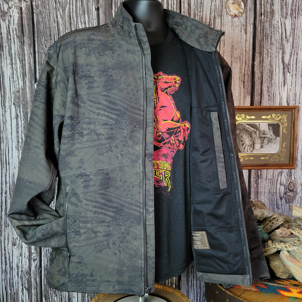 Forest green softshell jacket with patriotic motifs and concealed carry pocket on the interior.