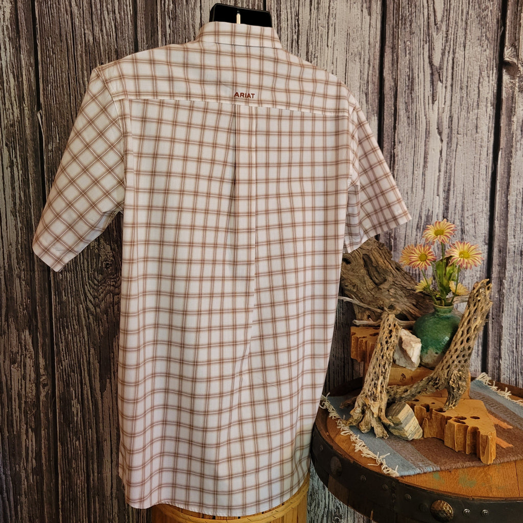Checkered brown-beige button down with continued pattern on the back.